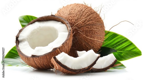 Coconuts with leaves on a white background, selective focus, Generative AI,