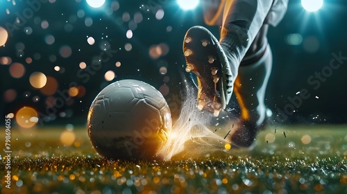 Powerful Soccer Player Kicking Ball Under Stadium Lights photo