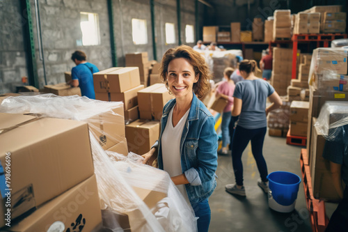 Woman volunteer in humanitarian working in a warehouse filled with lots of donated products. photo
