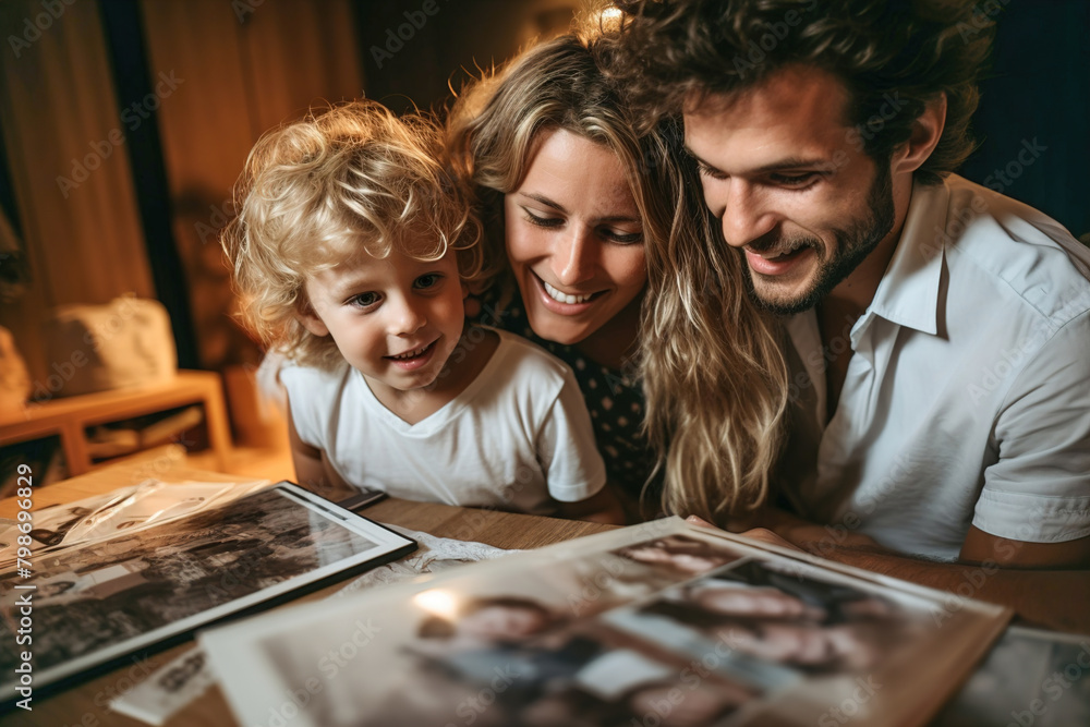 Fototapeta premium Family is looking at photo album with pictures on a table.