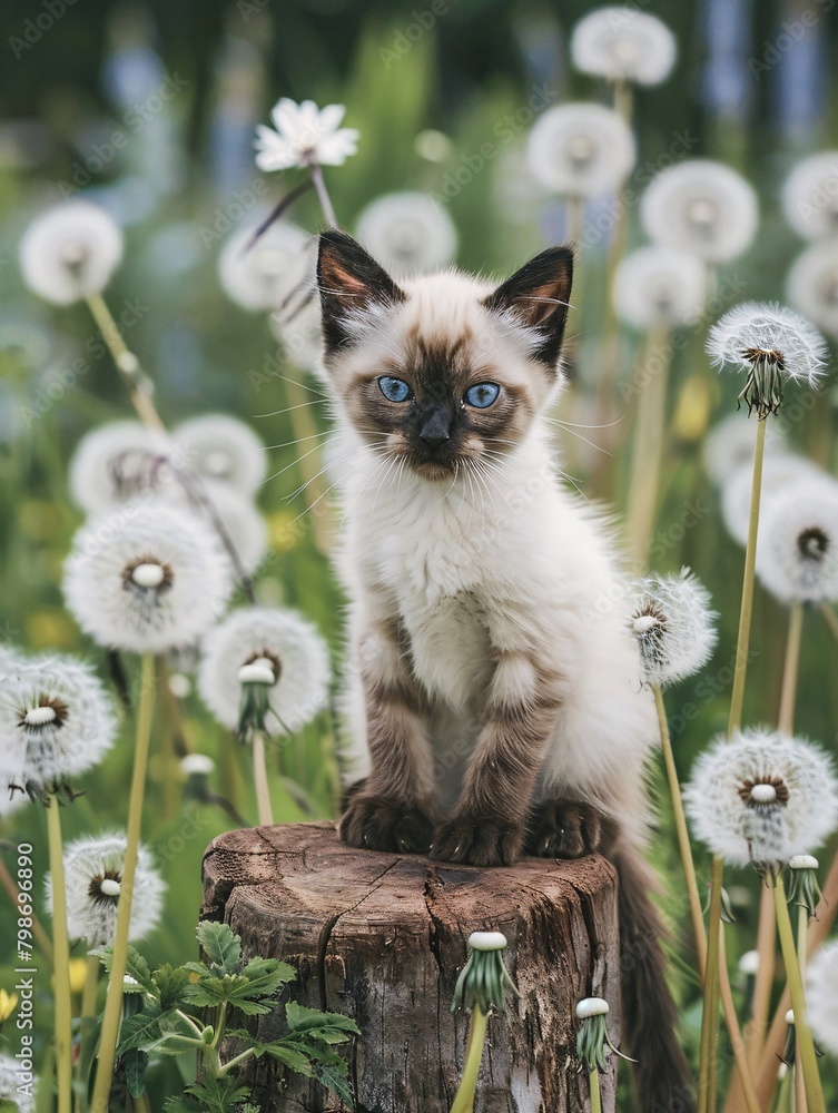 A kitten is sitting on a log in a field of yellow flowers