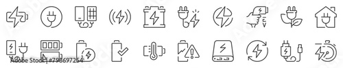 Line icons about battery charging. Contains such icons as charger, ev charger station, power bank and more. Editable vector stroke. 512x512 Pixel Perfect in transparent background. photo