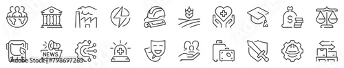 Line icons about society sectors. Contains such icons as industry, public sectors, trade and more. Editable vector stroke. 512x512 Pixel Perfect in transparent background.