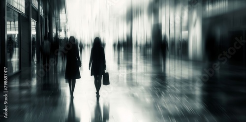 Monochrome image capturing the essence of a busy shopping mall with blurred figures of women walking through the shiny corridors