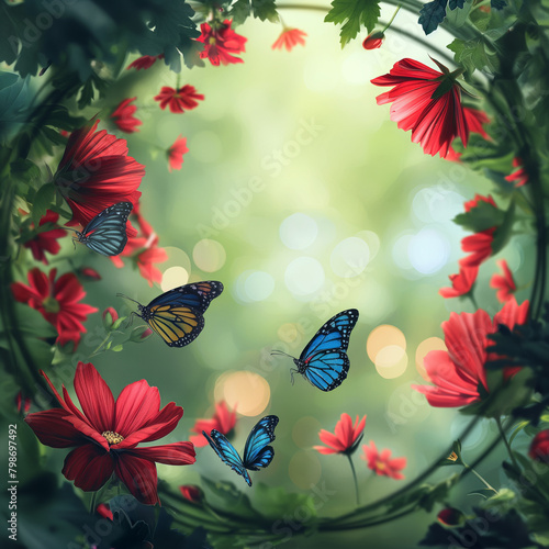 Flowers garden with red blossom Cosmos flowers and blue butterflies in morning light, summer flower theme, spring time theme. © Maizal