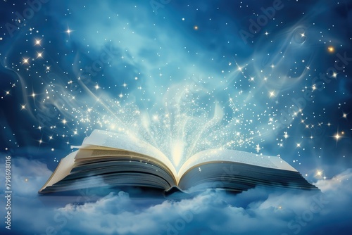 An open book floats in the atmospheric world of electric blue clouds at night
