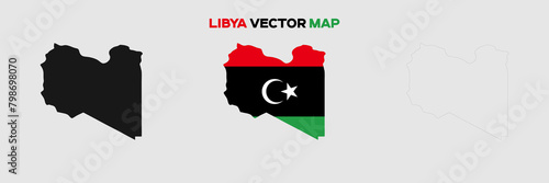 Libya Map Vector Pack. Map with Flag. Gray Map Silhouette. Gray Outline Map. Editable EPS file. 