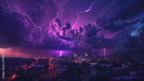 The dramatic interplay of light and shadow as a series of purple lightning strikes create a spectacular show over a sleeping city. photo