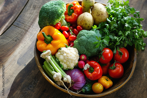 A variety of colorful vegetables in a bowl on a wooden table prepared for cooking in the kitchen.