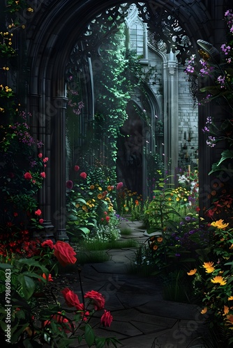 Gothic Enchanted Garden:Vibrant Flowers Blooming Amidst Gloomy Architectural Ruins