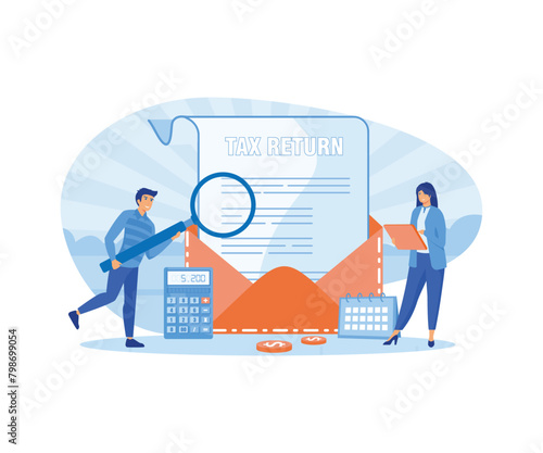 Tax return concept. Girl with laptop issues tax refund. Stacks of coins on of financial document. Tax form creative. flat vector modern illustration