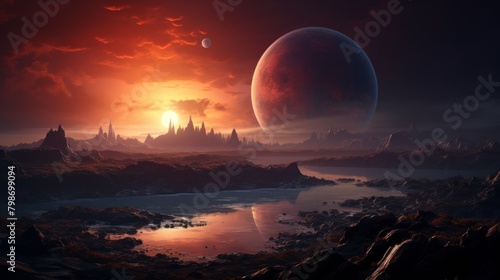 Dramatic alien landscape with a giant planet and sunset over rocky terrain