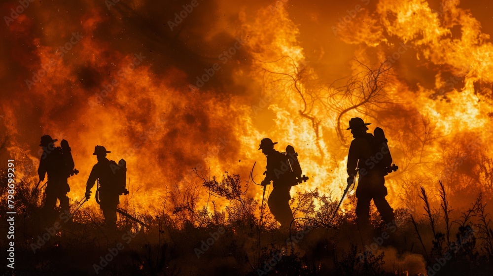 The dramatic silhouette of a firefighting squad against a backdrop of raging inferno, showcasing their coordinated effort to save lives and property.