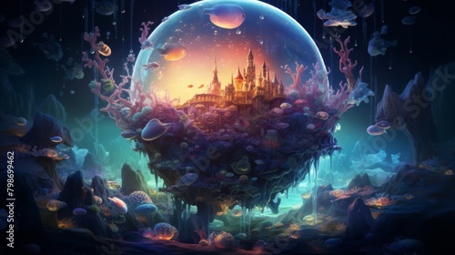 Surreal fantasy landscape with a seashell-shaped planet  glowing mushrooms  and a magical castle