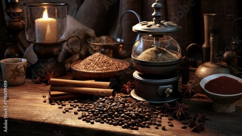 The rustic wooden table was adorned with a burlap cloth and showcased a vintage coffee mill, Generated by AI