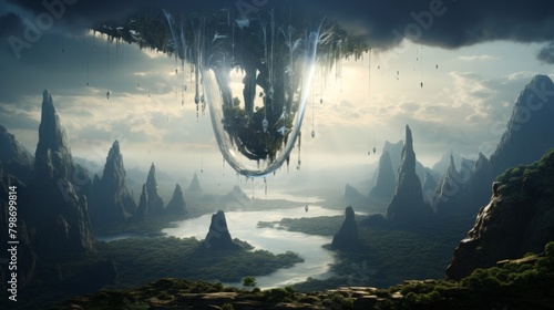 Surreal landscape of an inverted teardrop-shaped planet above scenic mountains photo