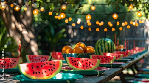 Vibrant Watermelon-Themed Summer Party Table with Colorful Decor and String Lights in Outdoor