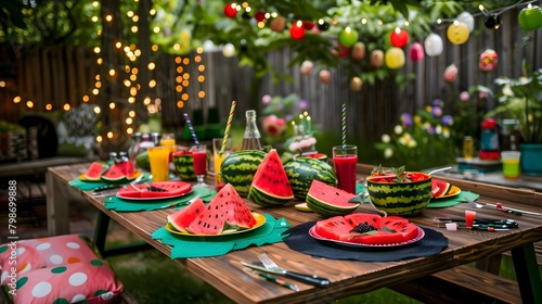 Vibrant Watermelon-Themed Summer Party with Colorful Plates and Festive Decor under Twinkling Lights