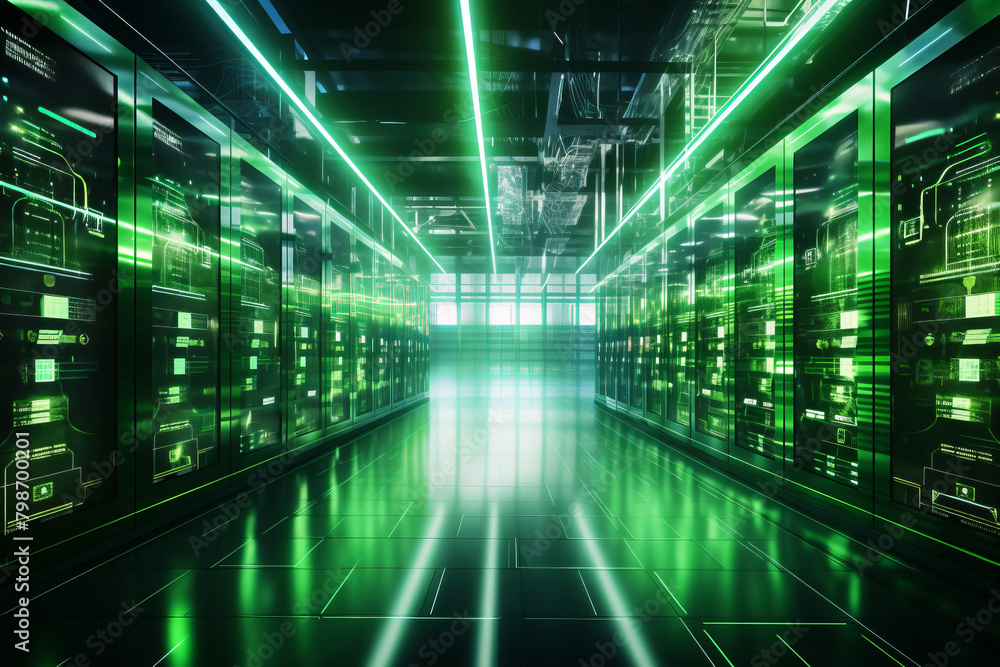 Data center illuminated by green light