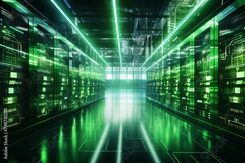 Data center illuminated by green light