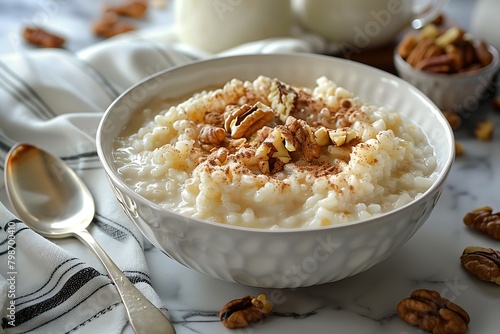 Creamy rice pudding whith milk, cinnamon powder and walnuts in white bowl with spoon on white table. Rice porridge with milk and topping for breakfast photo