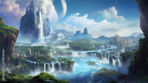 Surreal landscape with reverse waterfalls and a giant planet in the sky photo
