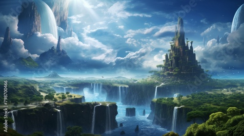 Surreal landscape with reverse waterfalls and a giant planet in the sky