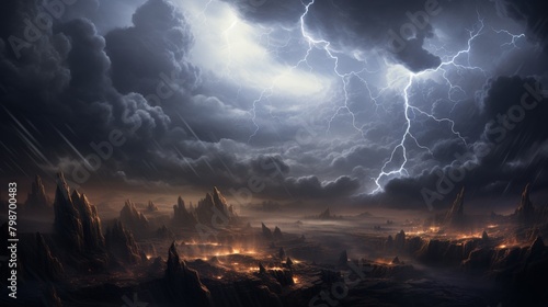 Apocalyptic landscape with ominous red planet and perpetual storms photo