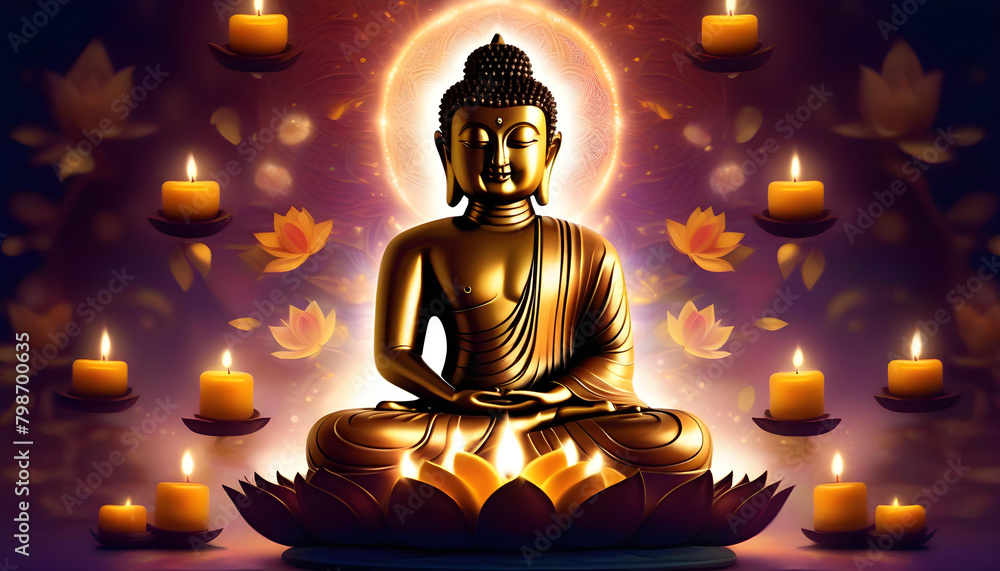 A Buddha statue surrounded by lit candles in the background