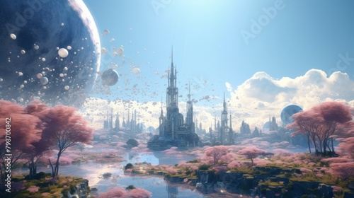 Futuristic city floating above clouds with giant planet in background #798700842