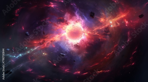 Vibrant cosmic explosion featuring multiple suns and planets in a dynamic outer space scene