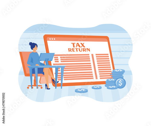 Return Concept. Businesswoman Sitting at Workplace Desk with Computer near Huge Taxation Refund Document. Money Income, Financial Statement. flat vector modern illustration