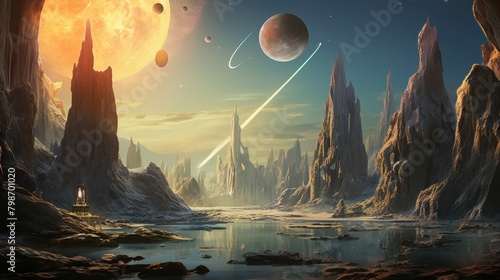 Lone explorer faces a mystical portal in an alien landscape at twilight