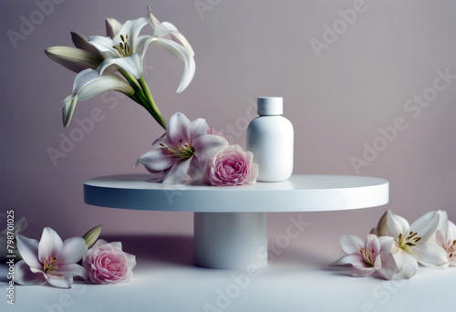  background flowers design perfume space pink White product table presentation cosmetic podium copy Floral lily poduim dais flower wooden fresh frame bathroom banner 