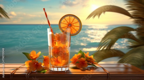 3D model of a tropical drink with a mini umbrella, set against a sunlit ocean background, evoking summer relaxation