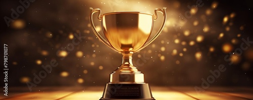 3D render of a gold trophy shining brightly, symbolizing achievement, set against a dramatic spotlight background