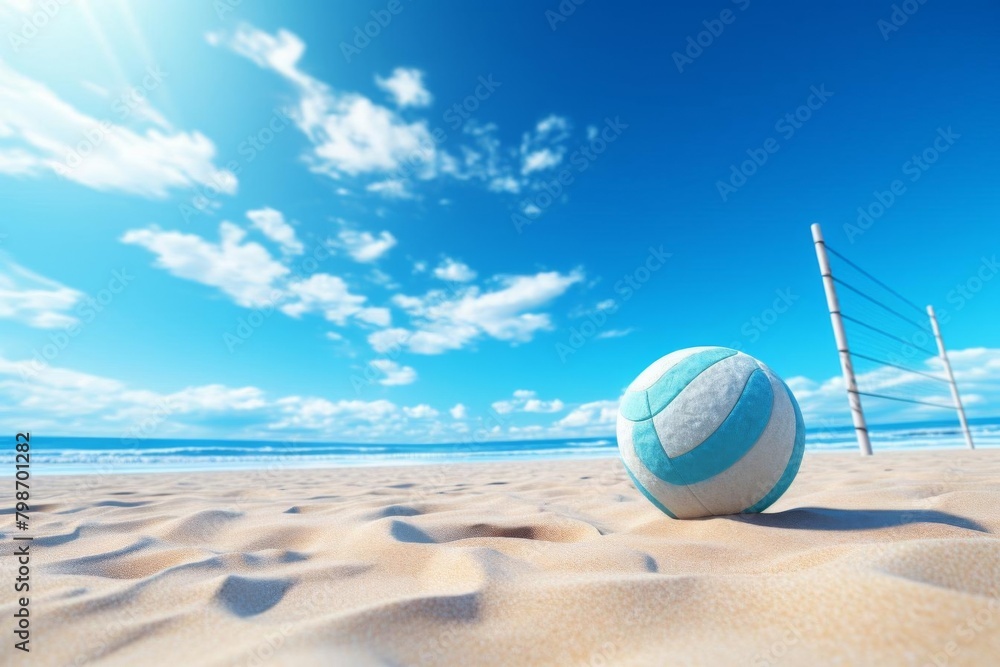 Bright 3D render of a beach volleyball setup, with a clear blue sky background, capturing the essence of summer sports