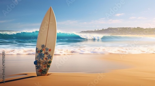 Artistic 3D depiction of a surfboard on a sandy beach, with waves in the background, ideal for summer surfing vibes © reels