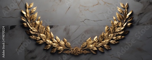 Artistic 3D golden laurel wreath, denoting classical victory, positioned on a simple marble background