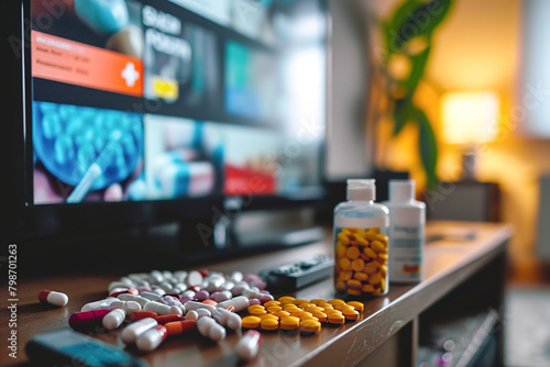 A pile of different pills in the foreground  a TV ad for drugs on the screen in the background.