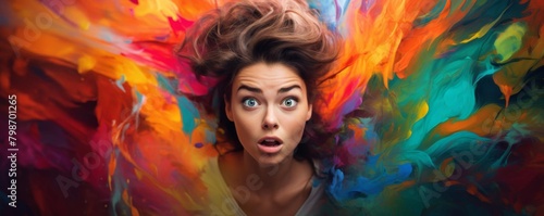 Artistic portrait of a young model showing a look of surprise, with a colorful abstract background to highlight the emotion © reels