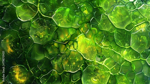 A vibrant background showcasing magnified plant cells with visible chloroplasts and cell walls.