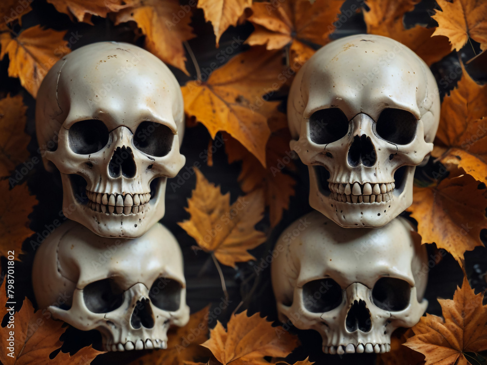 Painted human skull for Mexico's Day of the Dead (El Dia de Muertos, pumpkins and flowers on table. Banner for design Painted human skull for Mexico's Day of the Dead (El Dia de Muertos, pumpkins and flowers on table. Banner for design