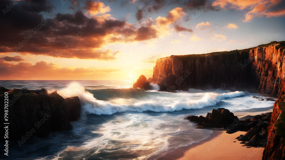 A dramatic coastal cliffside, with waves crashing against rugged rocks and framed by a vibrant sunset sky