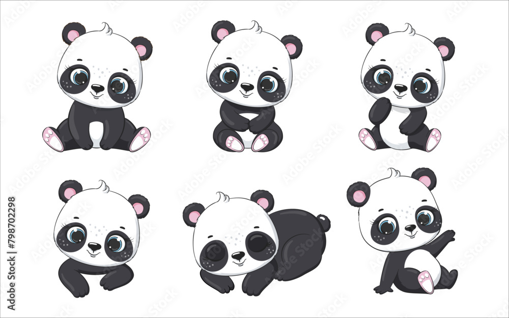 Set of cute baby panda in different poses. Vector illustration. Set of cute baby panda in different poses. Vector illustration.