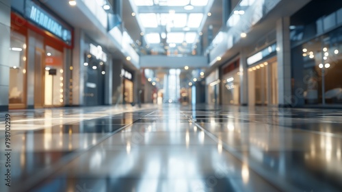 Blurred focus captures contemporary shopping mall corridor  showcasing glowing lights and upscale ambiance