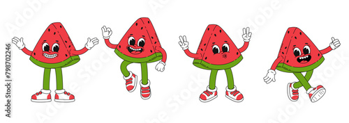 Cute cartoon watermelon character in different poses. Comic vector illustration of fresh summer fruit.