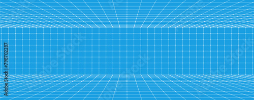 3d wireframe room. Perspective laser grid. A template for interior design in perspective. Cyberspace blue background with white mesh.