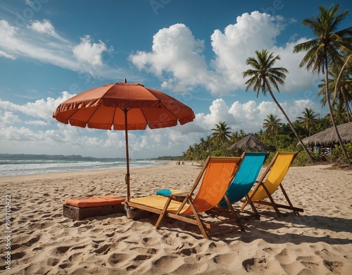 A tropical beach setting with umbrellas and beachwear for monsoon vacations.
