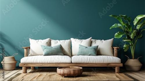 The living room is decorated simply with a blue wooden sofa, a white sofa seat, white pillows and green pillows, decorated with a rattan vase and a green leafy plant next to the sofa.Generative AI ill